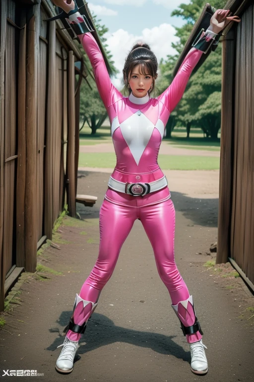 pink theme，pink ranger suit、curvy, big breats,  full body, tied on Saint Andrew's cross in X position