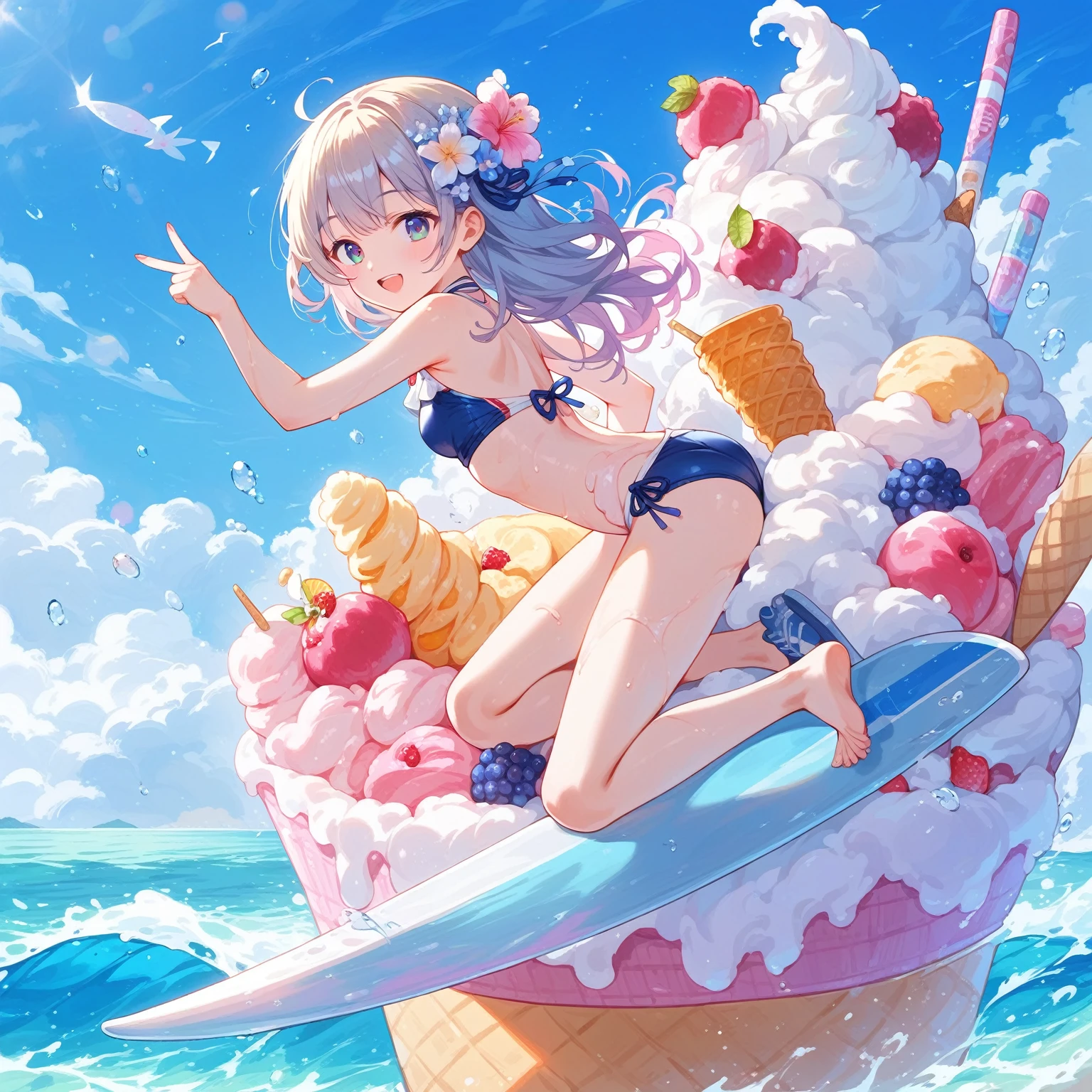score_9, score_8_up, score_7_up, source_anime,masterpiece, best quality, high resolution, extremely detailed CG, absurdres, highres, 1girl, solo, a girl in swimsuit surfing with a surfboard on top of ice-cream, soft cream,fruits, summer,happy,babycreamxl