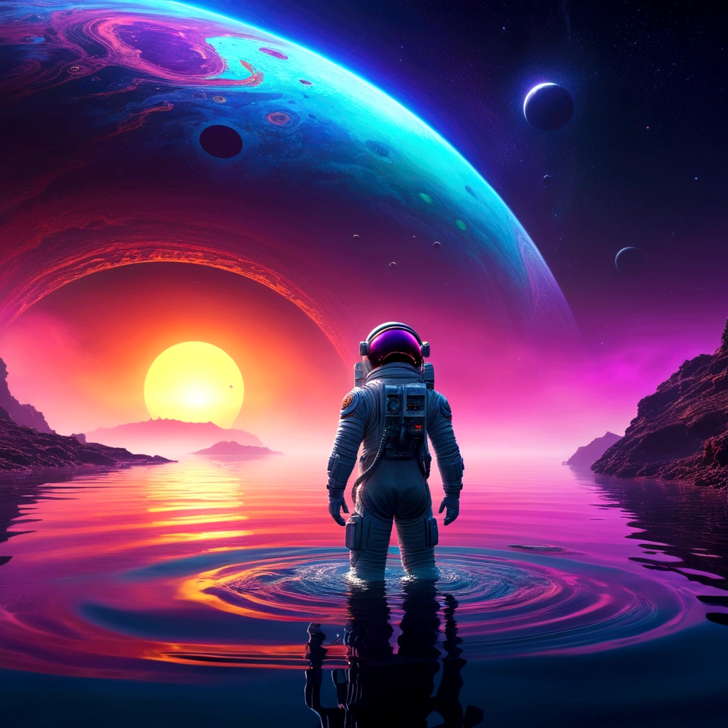 a futuristic astronaut floating in water on an alien planet, black hole visible over the horizon, vivid colors, intricate details, cinematic lighting, volumetric fog, highly detailed, photorealistic, 8k, best quality, masterpiece