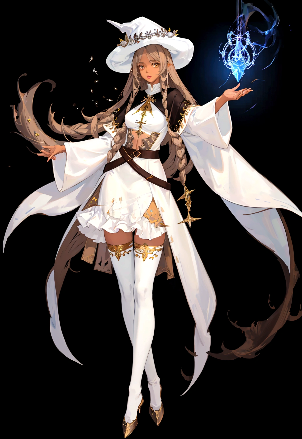 Character (light brown skin) (adult woman) (white long hair) (white witch-style clothing) (character casting spell pose) (full body) (black background)