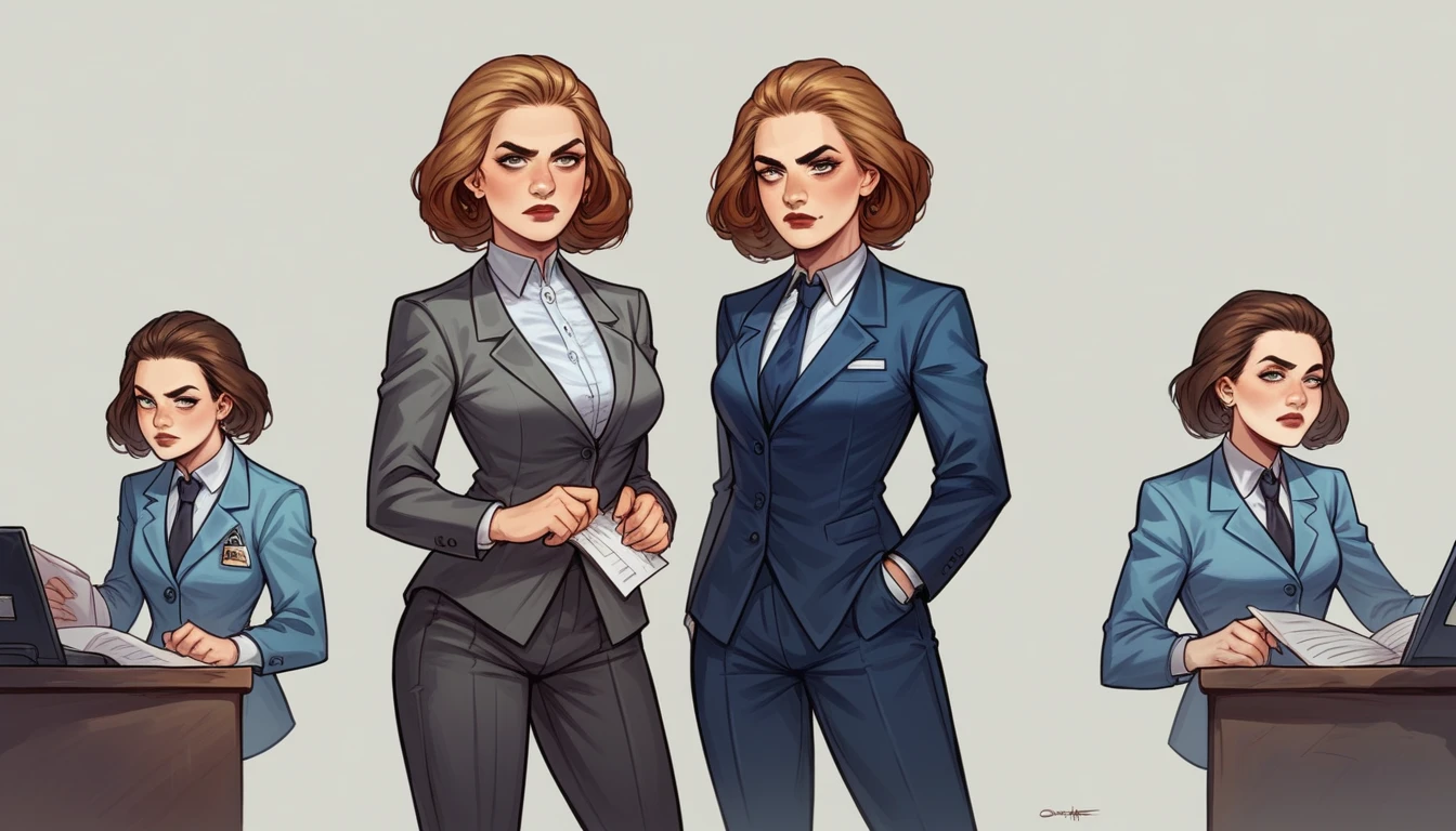arafed woman in a suit standing in an office with a serious look on her face, a hyperrealistic painting inspired by Louisa Matthíasdóttir, trending on cg society, digital art, girl in suit, girl in a suit, wearing a strict business suit, business woman, office clothes, young business woman, margot robbie in gta v, in strict suit