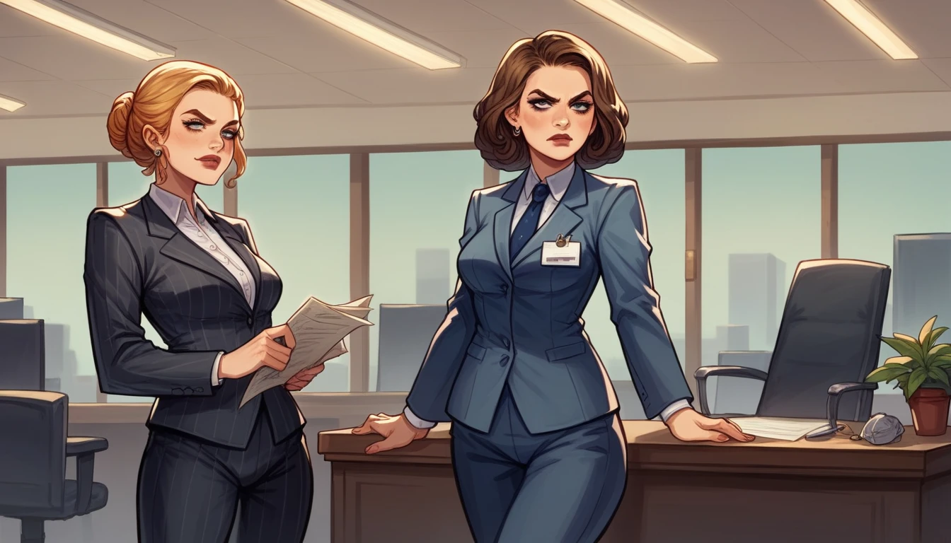 arafed woman in a suit standing in an office with a serious look on her face, a hyperrealistic painting inspired by Louisa Matthíasdóttir, trending on cg society, digital art, girl in suit, girl in a suit, wearing a strict business suit, business woman, office clothes, young business woman, margot robbie in gta v, in strict suit