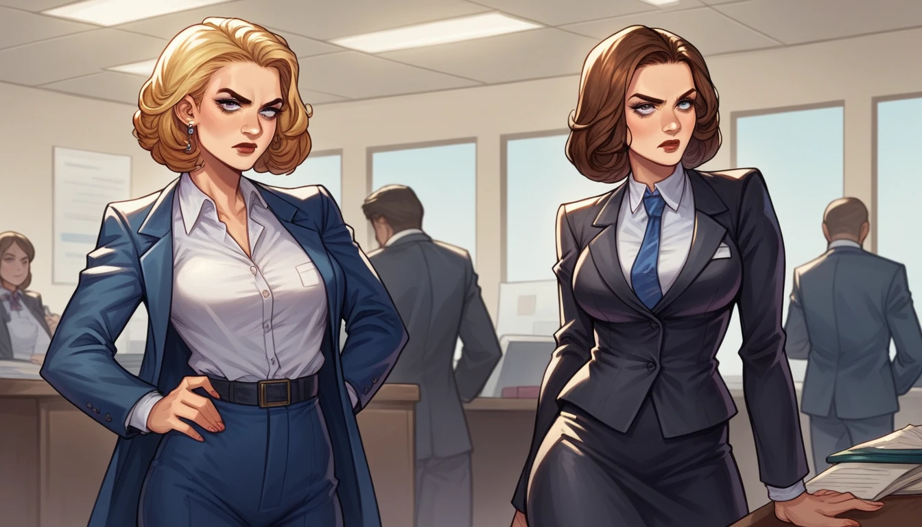 arafed woman in a suit standing in an office with a serious look on her face, a hyperrealistic painting inspired by Louisa Matthíasdóttir, trending on cg society, digital art, girl in suit, girl in a suit, wearing a strict business suit, business woman, office clothes, young business woman, margot robbie in gta v, in strict suit