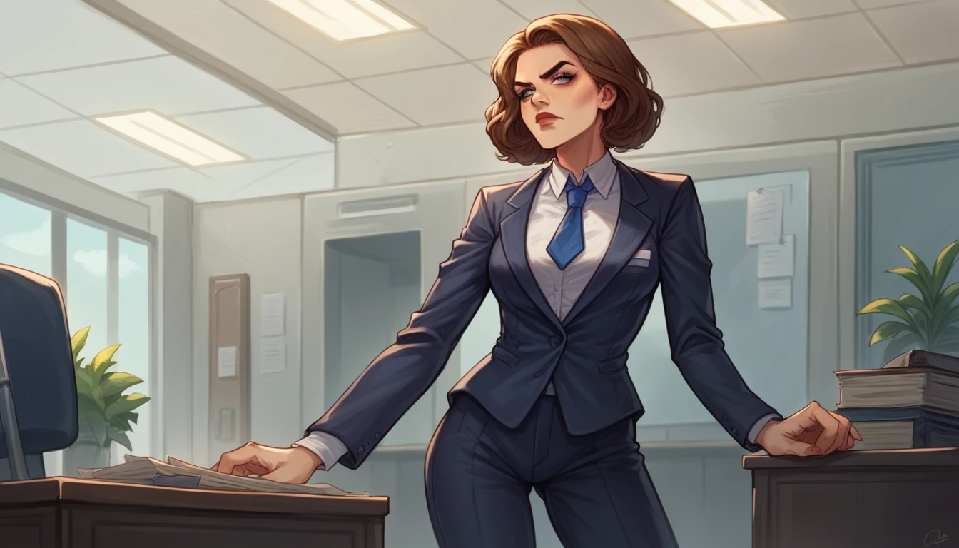 arafed woman in a suit standing in an office with a serious look on her face, a hyperrealistic painting inspired by Louisa Matthíasdóttir, trending on cg society, digital art, girl in suit, girl in a suit, wearing a strict business suit, business woman, office clothes, young business woman, margot robbie in gta v, in strict suit