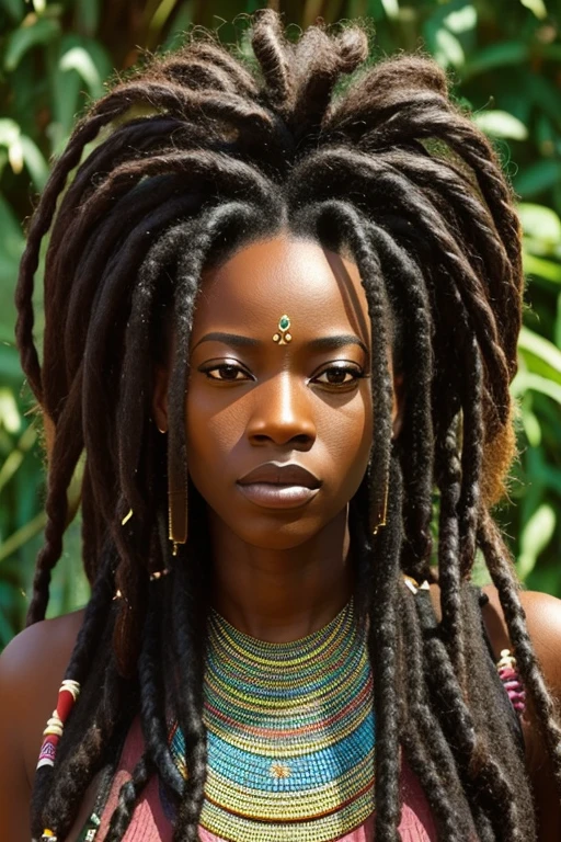 a woman with dreadlocks and tattoos posing in a field, short dreadlocks with beads, stunning african princess, traditional female hairstyles, african facial features, long dreadlocks, black young woman, long black braids, she has olive brown skin, dreadlock black hair, photo of a black woman, african american woman, gorgeous woman, dreadlock hair, intricate facial features