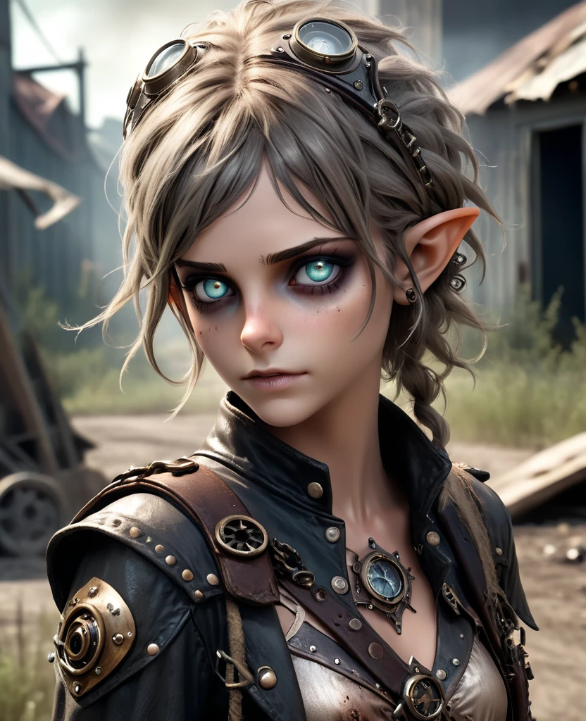 cute elf, (teenage elf  with extremely cute eyes)), (((elf))), ((((high resolution))), (((extremely detailed))), ((masterpiece)), dramatic shadows, depth of field, analog photo style, (world in which are collide steampunk and postapocalyptic vibes), postapocalyptic cute female in steampunk aesthetic, torn dirty clothes, depth of field, full body shot, unzoomed, (perfect body: 1.4), (sidecut short hairstyle), (stalking is quite common, although not the best way to make a living), stylized atmosphere of unreality, dark atmosphere, dynamic pose, in motion, Armageddon, increase cinematic lighting, highly lifelike skin texture, parted lips, weary eyes, fine eyes, whitened skin, random hair colour, doomsday aura, (Mad Max world), (The Walking Dead world)