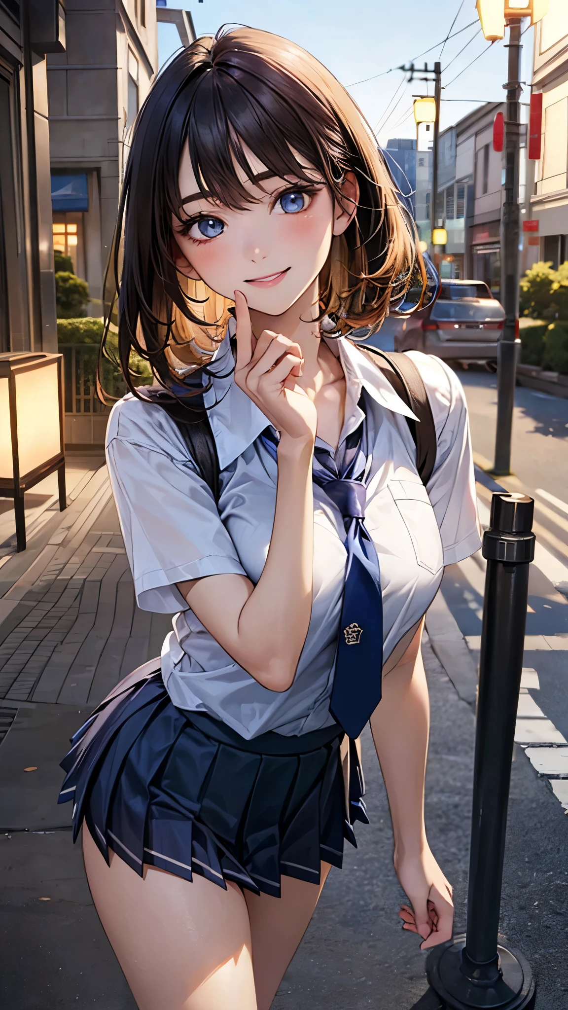 (masterpiece:1.2, top-quality), (realistic, photorealistic:1.4), beautiful illustration, (natural side lighting, movie lighting), nsfw, 
looking at viewer, 1 girl, japanese, high school girl, ((girl with a sparrow on her hand)), perfect face, cute and symmetrical face, shiny skin, 
(short hair:1.8, lob hair:1.3, light browm hair), bangs, blue eyes, slant eyes, big eyes, long eye lasher, (large breasts:0.8, thick thighs), slender, 
beautiful detailed hair, beautiful detailed face, beautiful detailed eyes, beautiful clavicle, beautiful body, beautiful chest, beautiful thigh, beautiful legs, beautiful fingers, 
(private school uniform:1.2, blue pleated skirt, light blue tie), socks, 
(beautiful scenery), dawn, (lamp post, downtown), standing, hand on chin, (lovely smile, upper eyes), 