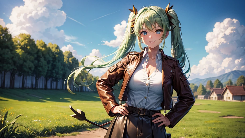1girl, solo, village, houses, trees, sun, clouds, fantasy, medieval, ((pale green hair)), twintail, huge breasts, ((brown leather jacket)), brown leather shorts, ((leather clothes)), button down, ((white shirt)), ((unbuttoned shirt)), ((short sleeved shirt)), cleavage 1:3, blue eyes, skirt, grin, looking at the viewer, standing, hair clip, hand on hip, golden bow with arrows