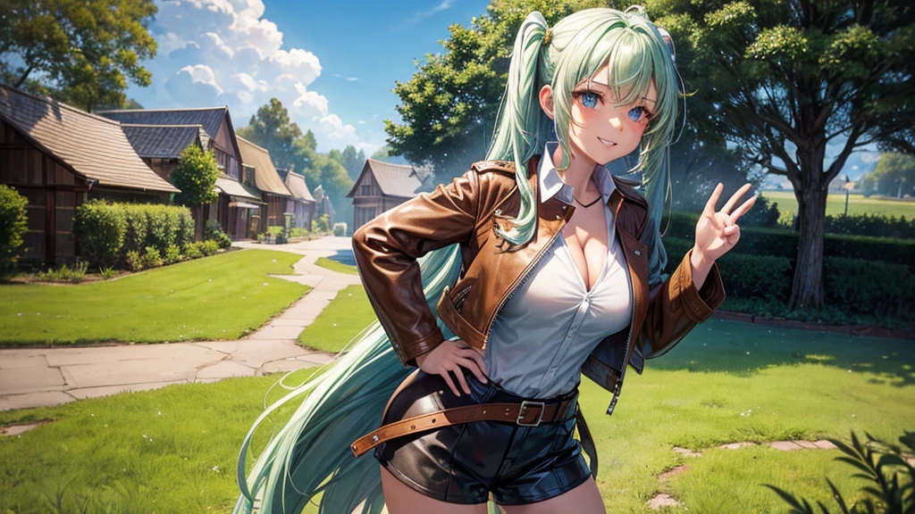 1girl, solo, village, houses, trees, sun, clouds, fantasy, medieval, ((pale green hair)), twintail, huge breasts, ((brown leather jacket)), brown leather shorts, ((leather clothes)), button down, ((white shirt)), ((unbuttoned shirt)), ((short sleeved shirt)), cleavage 1:3, blue eyes, skirt, grin, looking at the viewer, standing, hair clip, hand on hip, golden bow with arrows