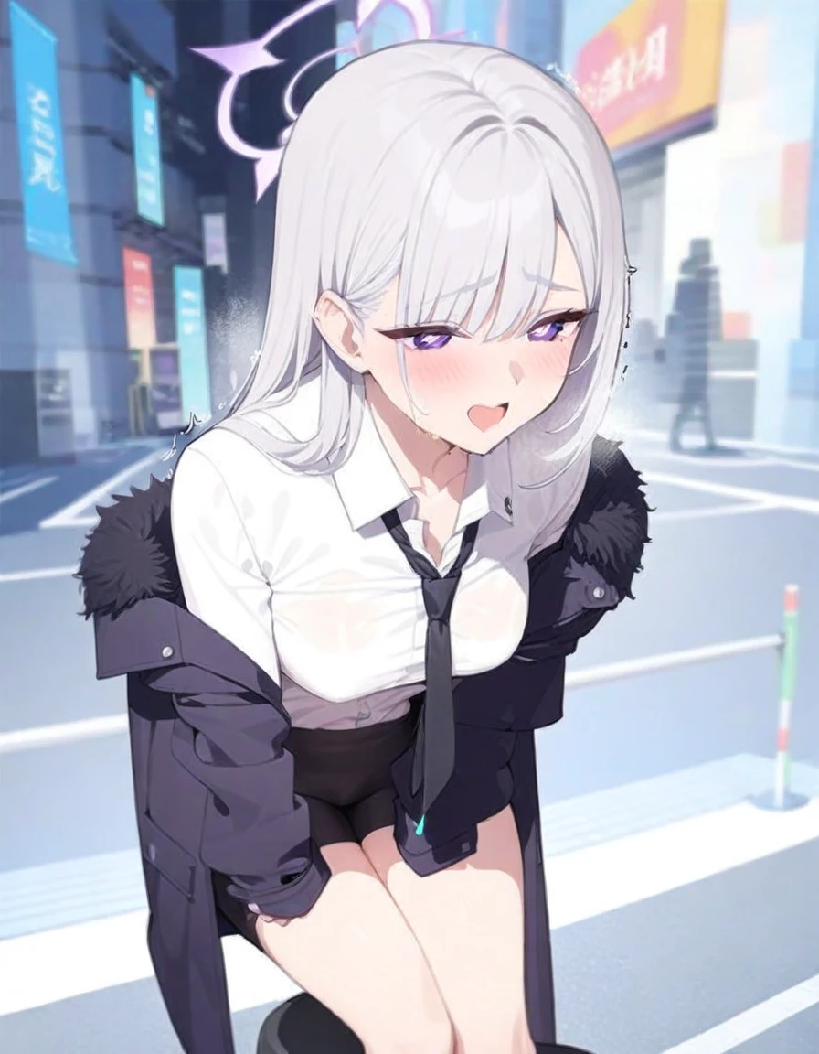 (Highest quality), (High resolution), (masterpiece), (Super detailed), Silver Hair, Long Hair, Blue and purple eyes, Blue Archive Art Style, One girl, Silky skin, Shiny skin, An athletic body, blush, Heavy breathing, chest, (Open clothes, Black long coat, White shirt, Black tie, Black trousers), Front view, (Bright saturation), Stand with your legs wide apart to the left and right, Dripping love juice, Heart Pupil, Expression of pleasure, Trembling with sexual climax, Heavy breathing, In the city