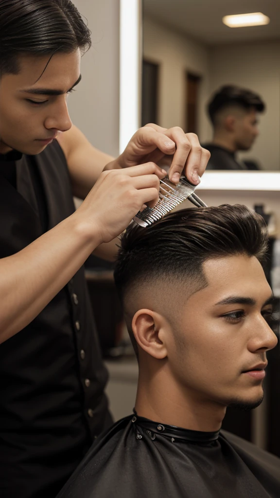 barber using a fine-tooth comb on a client's hair in a stylish barbershop. The barber is carefully combing through the client's hair