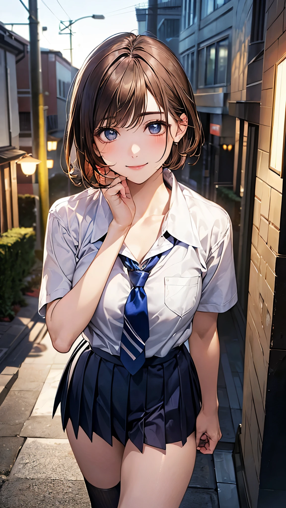 (masterpiece:1.2, top-quality), (realistic, photorealistic:1.4), beautiful illustration, (natural side lighting, movie lighting), nsfw,
looking at viewer, 1 girl, japanese, high school girl, ((girl with a sparrow on her hand)), perfect face, cute and symmetrical face, shiny skin,
(short hair:1.8, lob hair:1.3, light browm hair), bangs, blue eyes, slant eyes, big eyes, long eye lasher, (large breasts:0.8, thick thighs), slender,
beautiful detailed hair, beautiful detailed face, beautiful detailed eyes, beautiful clavicle, beautiful body, beautiful chest, beautiful thigh, beautiful legs, beautiful fingers,
(private school uniform:1.2, blue pleated skirt, light blue tie), socks,
(beautiful scenery), dawn, (lamp post, downtown), standing, hand on chin, (lovely smile, upper eyes),