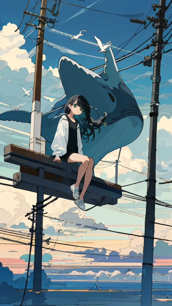 masterpiece, Exquisite detail,Highest quality, One girl, alone, handrail, cloud, Sitting, Outdoor, whale, Long Hair, shoes, null, Long sleeve, sneakers, Power lines, White footwear, Black Hair, View your viewers, Electric pole, bangs, cloudy null, fish, bird, Green Eyes, Shorts, animal, Day, Black Shirt, barefoot