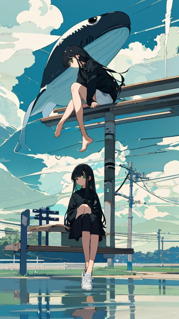 masterpiece, Exquisite detail,Highest quality, One girl, alone, handrail, cloud, Sitting, Outdoor, whale, Long Hair, shoes, null, Long sleeve, sneakers, Power lines, White footwear, Black Hair, View your viewers, Electric pole, bangs, cloudy null, fish, bird, Green Eyes, Shorts, animal, Day, Black Shirt, barefoot