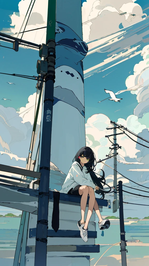 masterpiece, Exquisite detail,Highest quality, One girl, alone, handrail, cloud, Sitting, Outdoor, whale, Long Hair, shoes, null, Long sleeve, sneakers, Power lines, White footwear, Black Hair, View your viewers, Electric pole, bangs, cloudy null, fish, bird, Green Eyes, Shorts, animal, Day, Black Shirt, barefoot