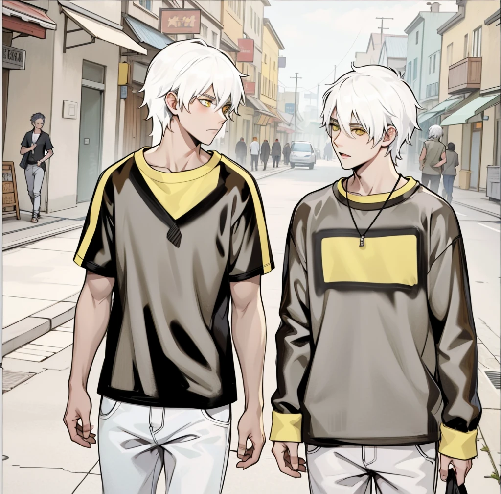 There are two boys with white hair, 18 years old, they have yellow eyes, they are talking and walking through the streets of a town.