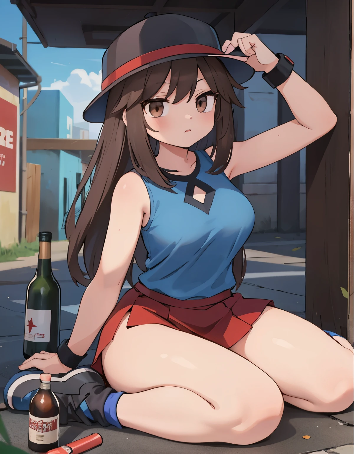 a girl on the floor, she is in a dark alley,  1trainerleaf1, sleeveless shirt, black wristbands, visible thighs,thick thighs,red skirt,blue shirt, brown eyes, white hat, innocent look, urban scene, she is unconscious, wine and beer bottles around, rubber