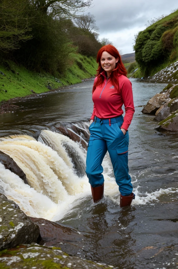 chris Eclear waterfall Flooding In Torrance from 35 feet high Irish Vibrant red hair girl Big breasts She's very tall In a Hiking Trousers in the background Standing knee high Blue in water of crystal blue colour with two white little dogs Give this picture an Irish feel of an Irish countryside