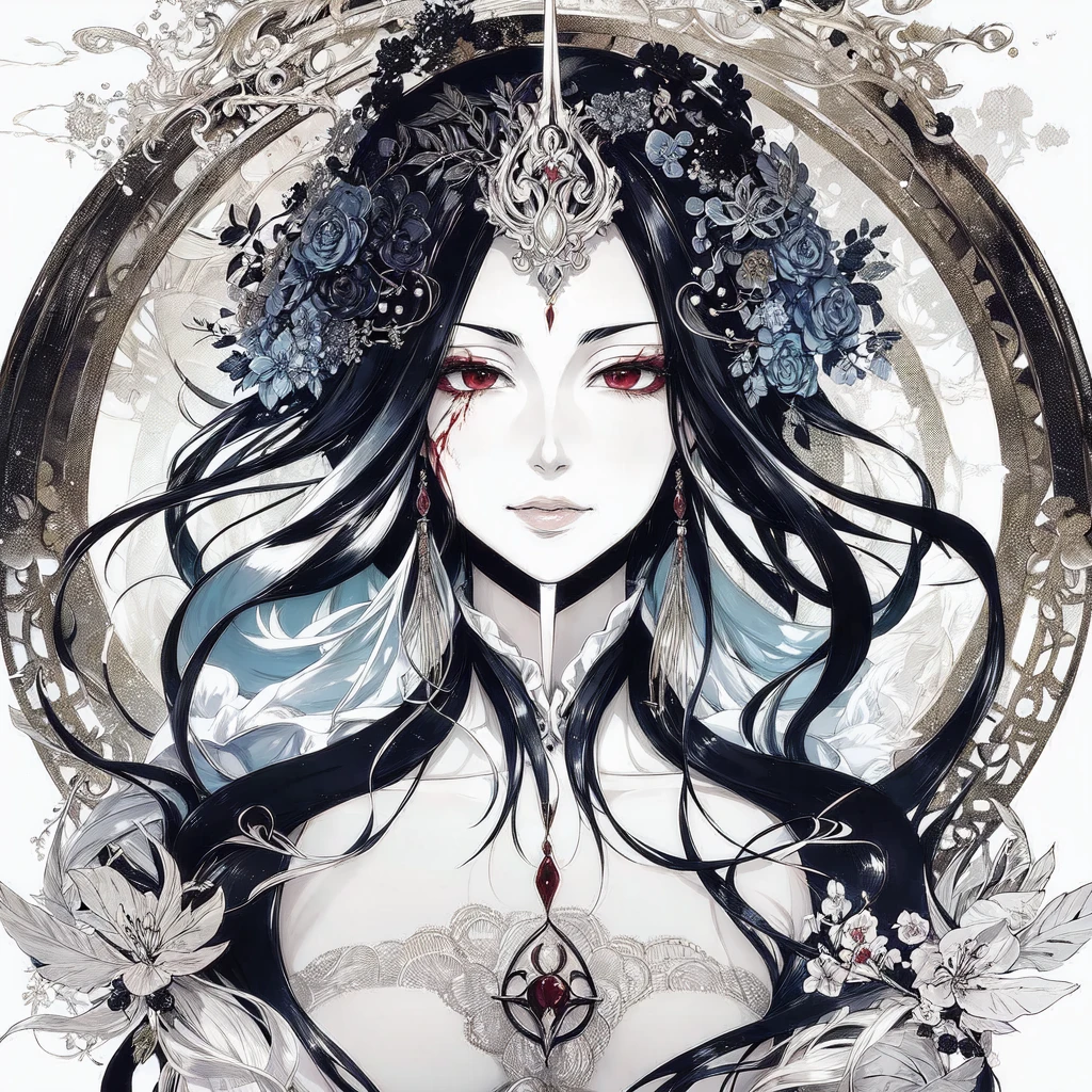 Art by Unohana kempachi, with sexy droopy eyes, and your mouth with a longer, softer smile in a sexy way, ((and his body and hair with parts painted in blood, Strong Red.))
