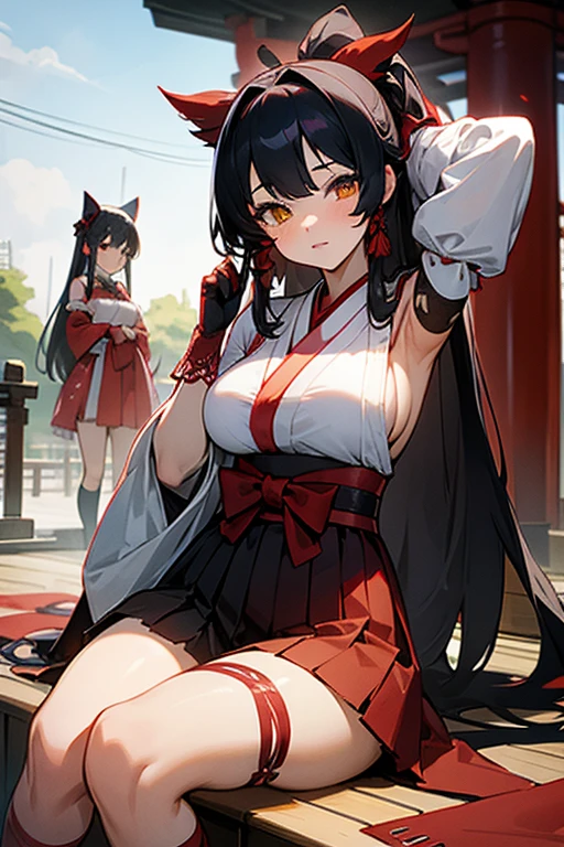4 girls, multiple girls, long hair, breasts, looking at viewer, black hair, hair accessory, gloves, sitting, yellow eyes, thighs, white gloves, exposed navel, thigh straps, heterochromia, skimpy clothing, chest curtains, very large breasts, sleeves removed, kimono, sky, wide sleeves, armpits, , red ribbon, bells, side boob, ribbon trim, hakama, hakama skirt, non-traditional shrine maiden, ribbon trimmed sleeves, shrine maiden, tabi, short hakama skirt, red hakama, hip vents, ribbon trimmed legwear,