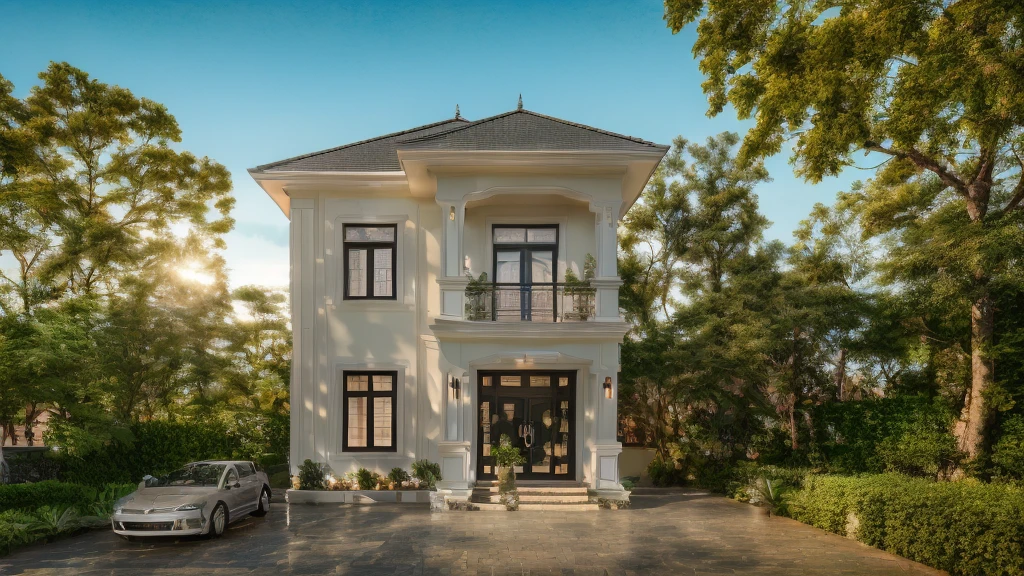 Neoclassic house, white wall, slope roof, indochine style, ( best quality) ((high solution)) ,(( photo realistic)) ,warm light, ,beautiful facade,curved windown,narrow and long ,two-storey,mutual colours, soft lighting, warm atmosphere,high Resolution, hyper detailed,4k ,vray render, octane render, hyper realistic, photography expert ,exterior design , professional photography, exterior photography,wide-angle shot , ultra detail , high Resolution , full frame, full body