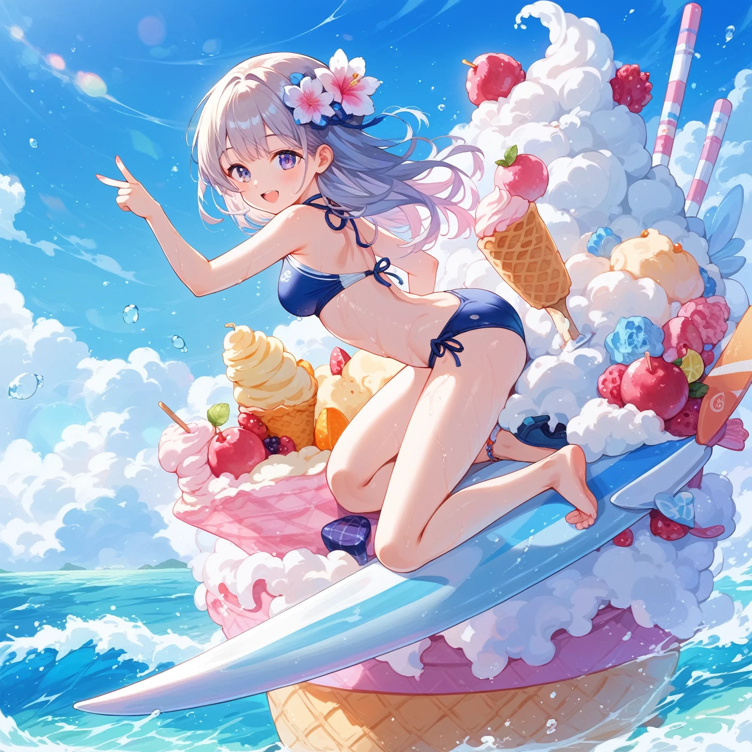 score_9, score_8_up, score_7_up, source_anime,masterpiece, best quality, high resolution, extremely detailed CG, absurdres, highres, 1girl, solo, a girl in swimsuit surfing with a surfboard on top of ice-cream, soft cream,fruits, summer,happy,creamxl