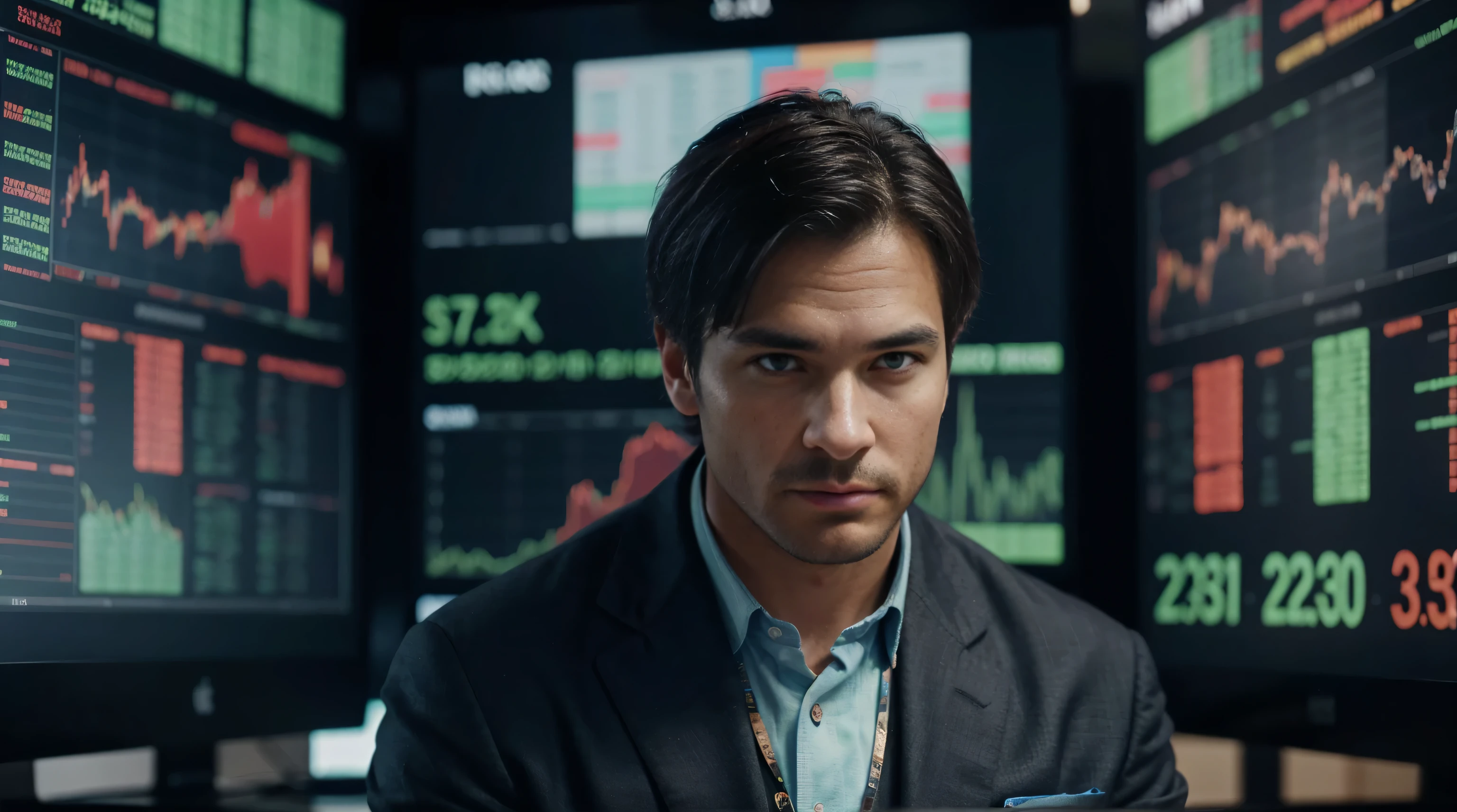 a man analyzing a stock market chart, ultra detailed image, realism, 8k, hyper detailed skin, intense and vivid colors.
