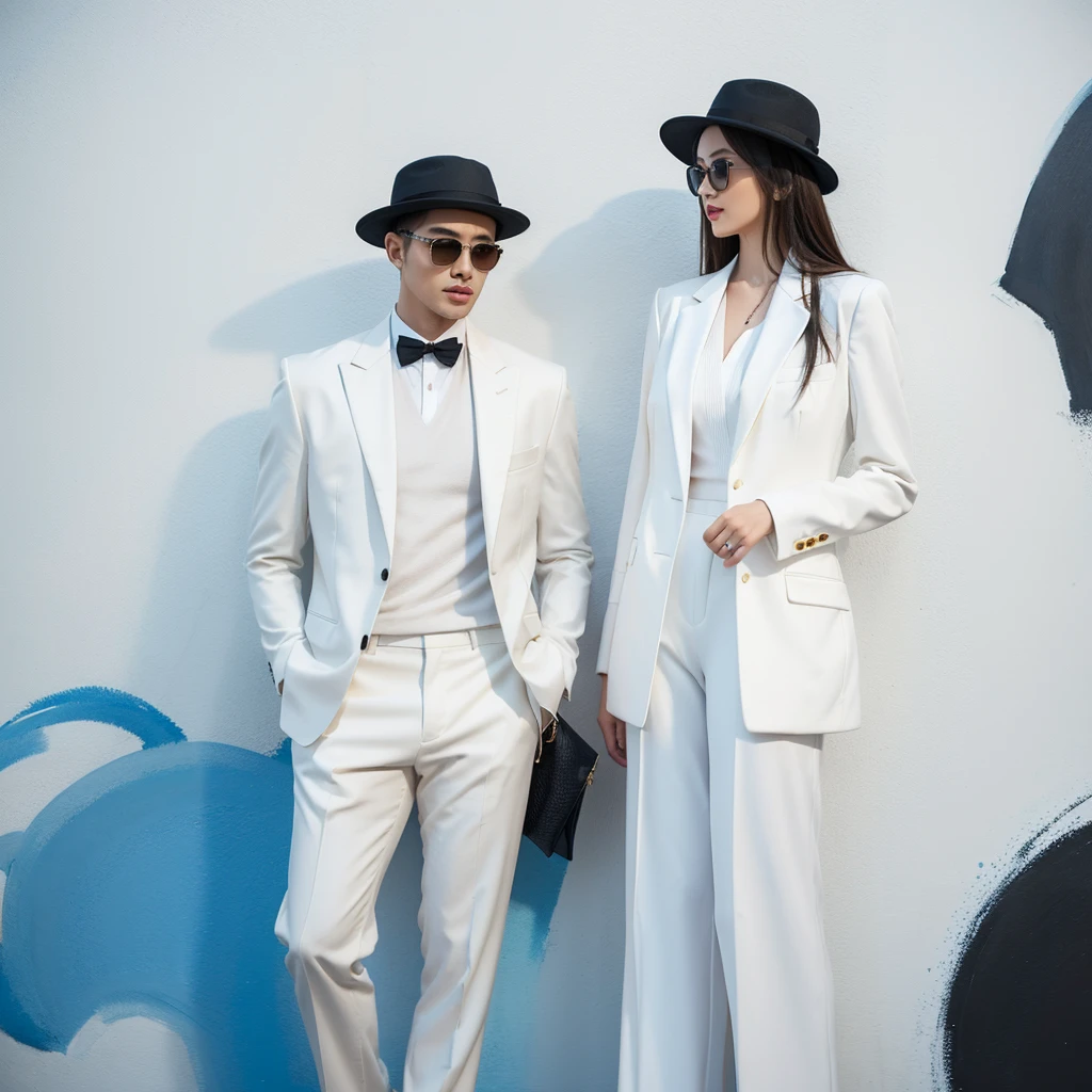 A captivating watercolor featuring a fashionably dressed man with an air of sophistication together with his stunningly beautiful female partner. He dons a casual yet elegant outfit, consisting of a tailored suit, a stylish hat, and a pair of sunglasses. She is dressed on white pants and elegant jacket with high heals. The background is a mesmerizing blend of ink splashes, creating a modern and artistic atmosphere. The playful ink splatters intermingle with the painting's splendor, showcasing a harmonious balance between style and creativity. The couples confident pose and the artist's skillful brushwork come together to create an image of unrivaled elegance and refinement., illustration, fashion, painting, photo