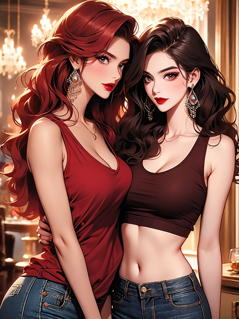 Hot beautiful milf,tall , perfect body, chandelier earrings,red hair,tank top,jeans,red lipstick,sharp jawline,face makeup,wavy hair
