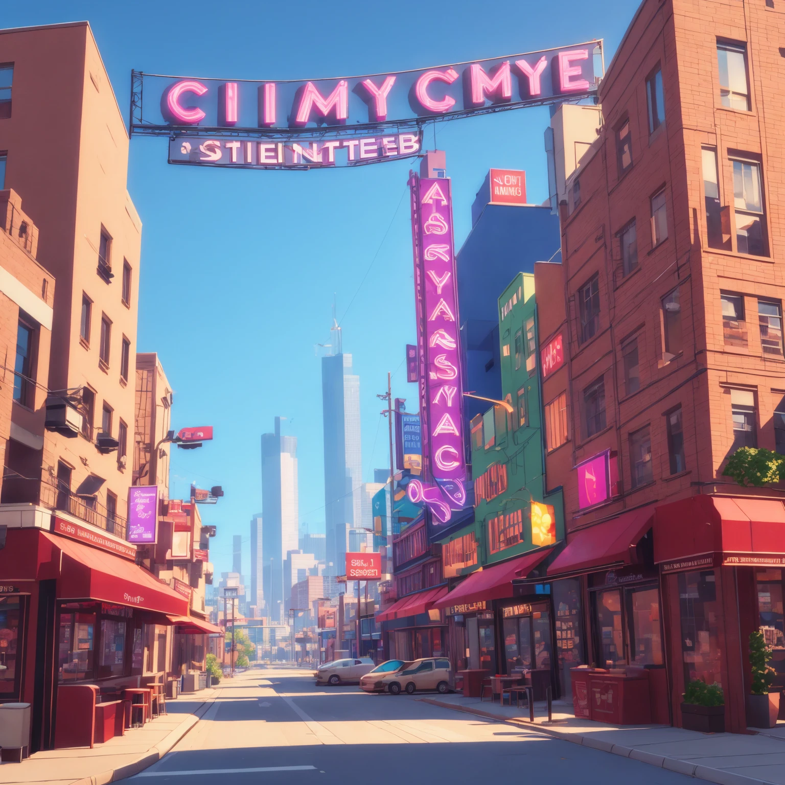 day scene, sims like city, stylized, high quality, strippers club in far background
