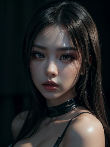 Jennie Kim, K-pop idol, full lips, doll lips, straight hair, Long hair, cute eyes, in black lingerie, big breasts, shiny breasts, half naked, sexy, de cuerpo completo.