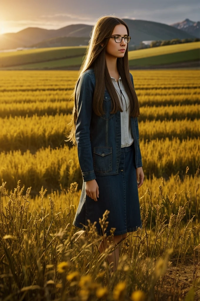 Create an image of a girl with long hair, glasses thinking with a landscape in the field 3d pixart
