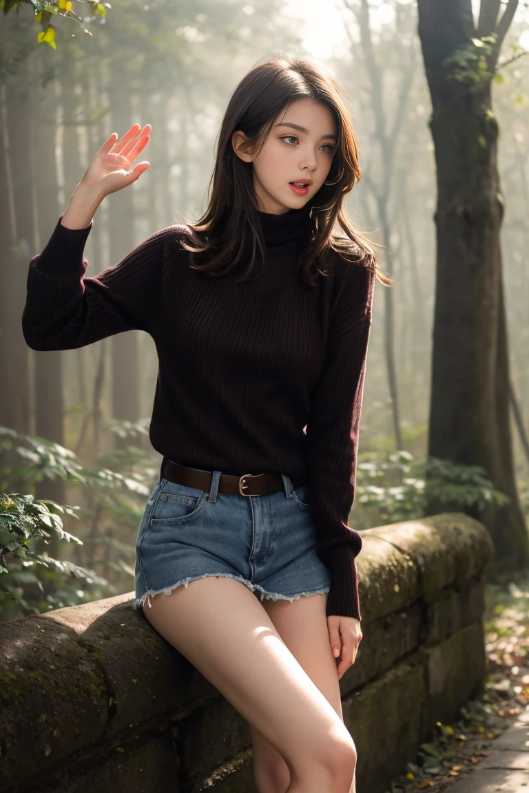 (best quality,Practical:1.2),(Dark brown hair:1.1),(French:1.1),(Sexy:1.1),(Slim body:1.1),(18 years old:1.1),(Handcuffs:1.1),(Short-sleeved sweater:1.1),(Roll up your sleeves:1.1),(Raise your hand:1.1),(Visible legs:1.1),(open mouth:1.1),illustration,forest,Delicate eyes,Delicate lips,HD,Professional lighting,Bright colors