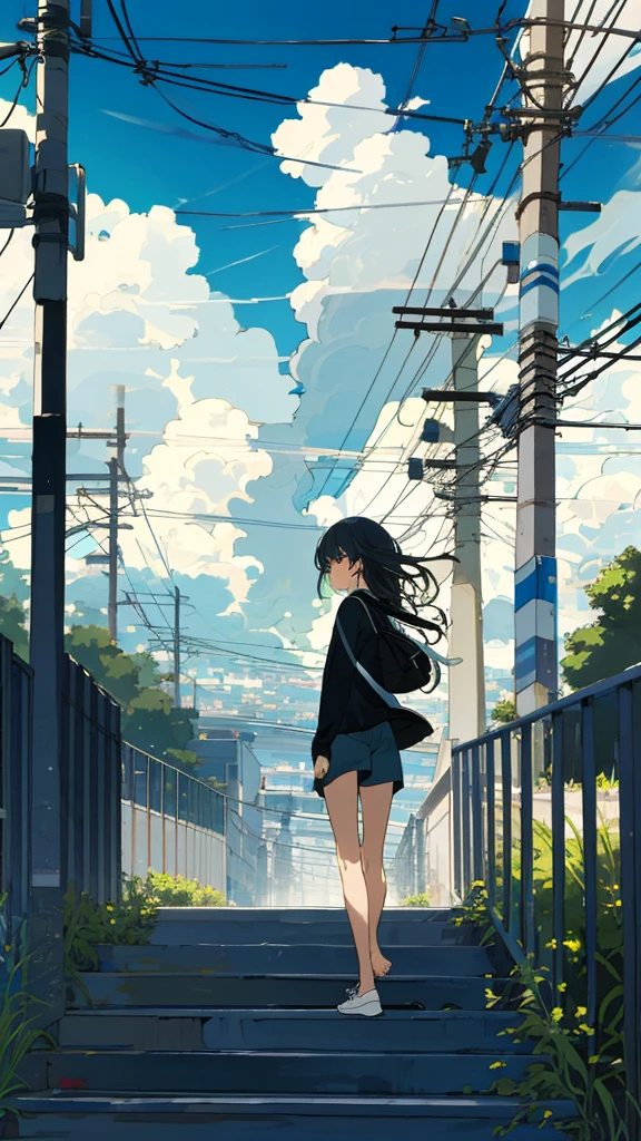 masterpiece, Exquisite detail,Highest quality, One girl, alone, handrail, cloud, Walking down the street,Outdoor, Long Hair, shoes, zero, Long sleeve, sneakers, Power lines, White footwear, Black Hair, View your viewers, Electric pole, bangs, cloudy zero, fish, bird, Green Eyes, Shorts, animal, Day, Black Shirt, barefoot,City,Buildings,top of the hill