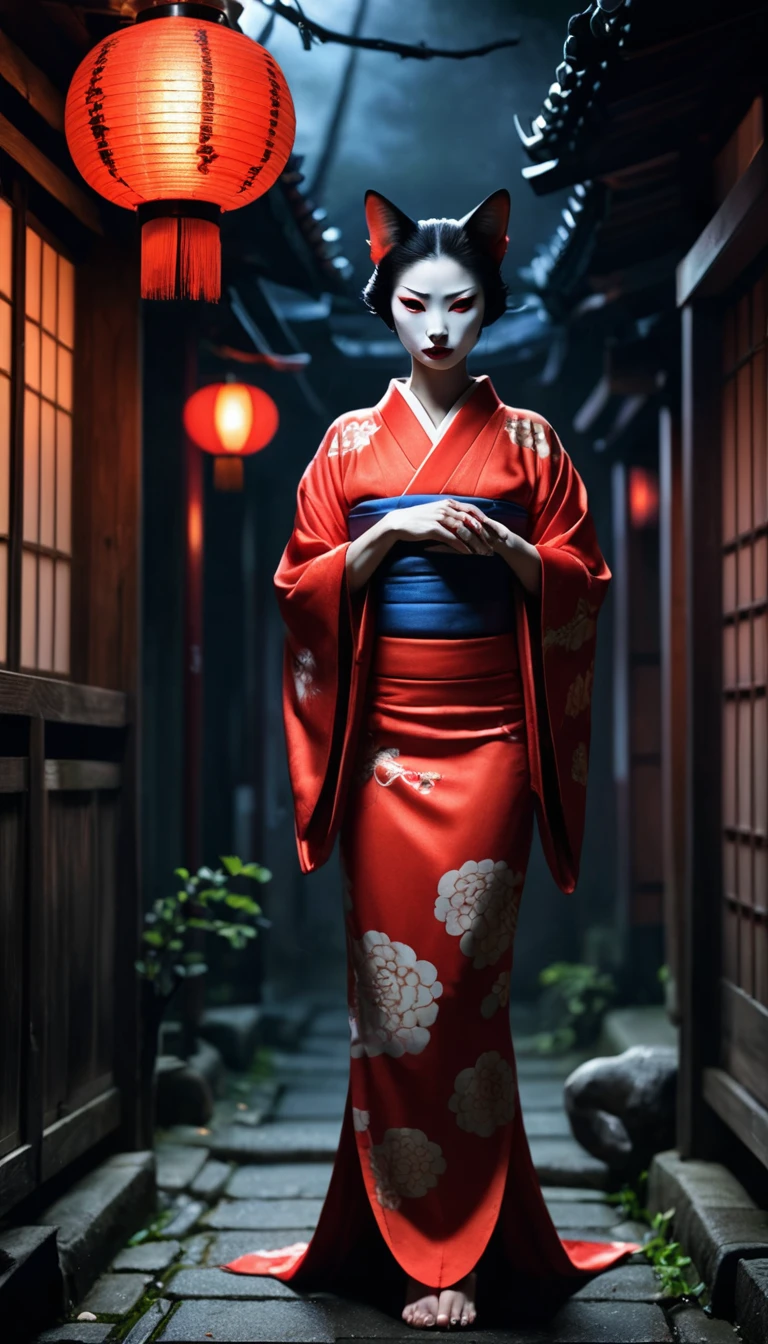Create a spooky and terrifying image of the Bakeneko Courtesan from Japanese folklore. This supernatural being is depicted as a beautiful courtesan with feline features such as cat ears, sharp claws and glowing eyes. She is dressed in a Japanese kimono. Place her in a creepy alley, like a dimly lit old teahouse or an abandoned red light district. With shadows and soft flickering lantern light floating around, her eerie supernatural presence will accentuate the sense of fear and horror.