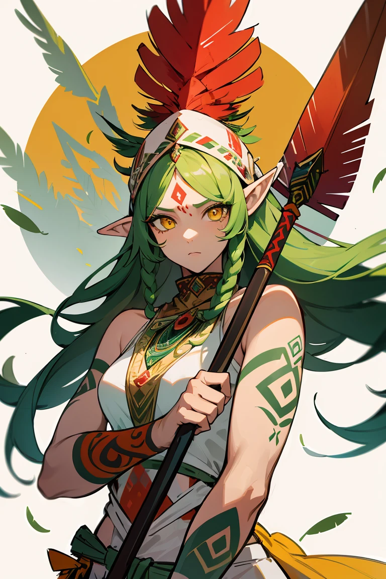masterpiece, high quality, perfect face, 1girl, woman, tall, native, tribal, long elf ear, long green hair, head covering made of bird feather, yellow eyes, red tattoo on face, red tattoo on body, tribal clothes, holding spear, long spear weapon