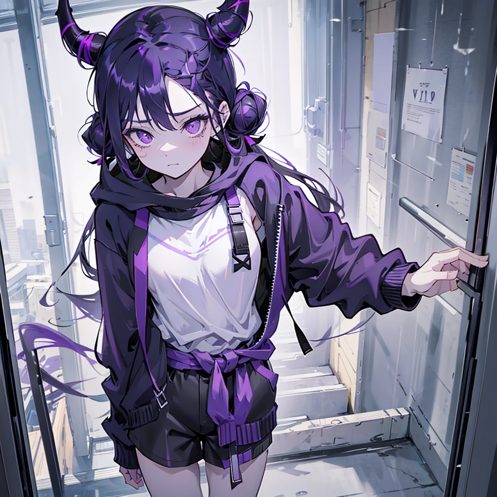 boy. thoughtful look. open forehead. black and purple hair tied in a bun on the left side to one side. sinuous black horns wrapped in dark purple ribbon. pale violet eyes. in short dark purple shorts. long white T-shirt. dark purple knee-high socks. dark purple long cloak with hood. view from the 100th floor of a cozy gray room