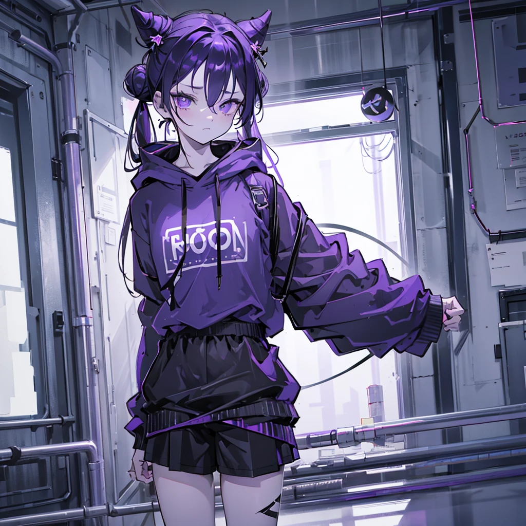 boy. thoughtful look. open forehead. black and purple hair tied in a bun on the left side to one side. sinuous black horns wrapped in dark purple ribbon. pale violet eyes. in short dark purple shorts. long white T-shirt. dark purple knee-high socks. dark purple long cloak with hood. view from the 100th floor of a cozy gray room