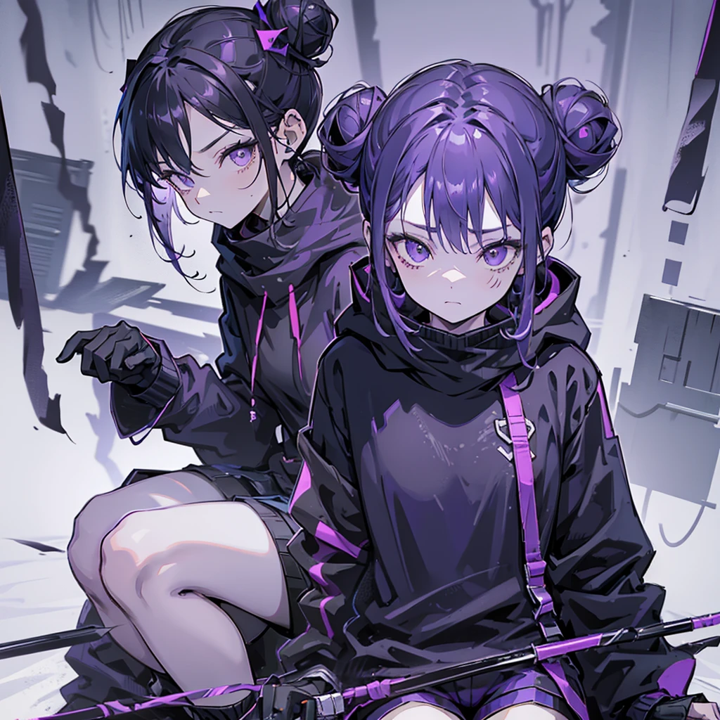 Appearance: Kyoko has long, flowing black hair with a purple tint, styled in a sleek and elegant manner. Her piercing red eyes are framed by thick lashes, she is often seen with dark, bold lipstick that highlights her full lips. Kyoko wear black and purple pullover that is always too big for Her and black short.