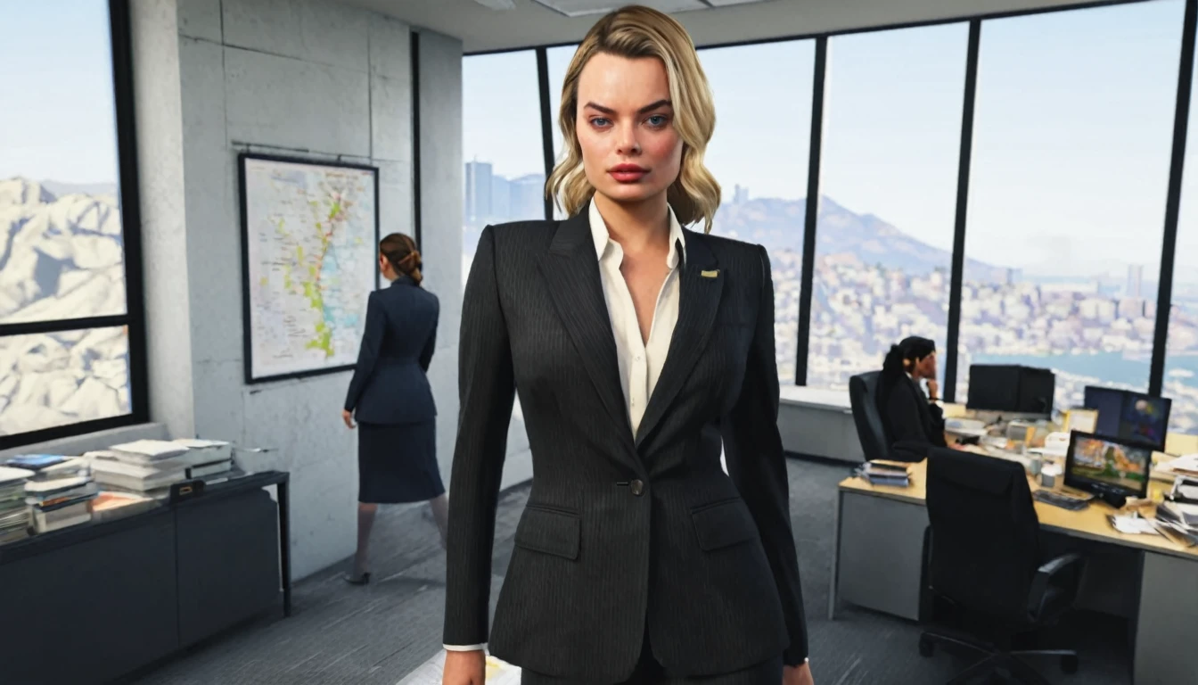 arafed woman in a suit standing in an office with a serious look on her face, girl in suit, girl in a suit, wearing a strict business suit, business woman, office clothes, young business woman, margot robbie in gta v, in strict suit, woman in business suit, female in office dress, suit ， perfect face, in a business suit