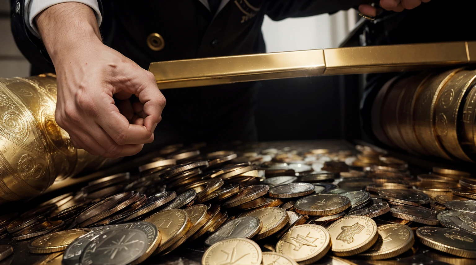 a man analyzing a stock market graph, GOLD COINS FALLING FROM THE SKY, ultra detailed image, realism, 8k, hyper detailed skin, intense and vivid colors.