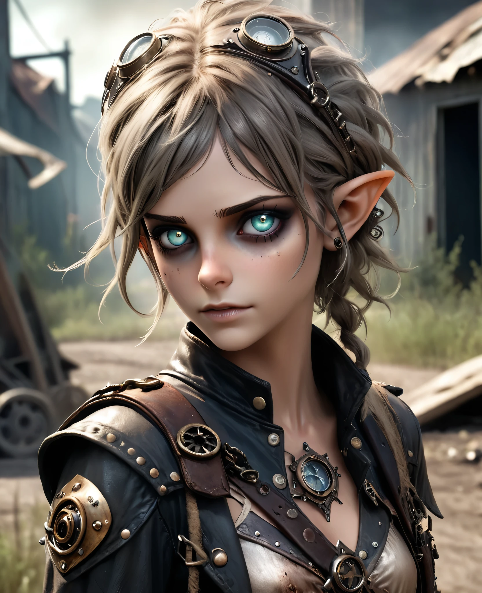 cute elf, (age elf with extremely cute eyes)), (((elf))), ((((high resolution))), (((extremely detailed))), ((masterpiece)), dramatic shadows, depth of field, analog photo style, (world in which are collide steampunk and postapocalyptic vibes), postapocalyptic cute female in steampunk aesthetic, torn dirty clothes, depth of field, full body shot, unzoomed, (perfect body: 1.4), (sidecut short hairstyle), (stalking is quite common, although not the best way to make a living), stylized atmosphere of unreality, dark atmosphere, dynamic pose, in motion, Armageddon, increase cinematic lighting, highly lifelike skin texture, parted lips, weary eyes, fine eyes, whitened skin, random hair colour, doomsday aura, (Mad Max world), (The Walking Dead world)
