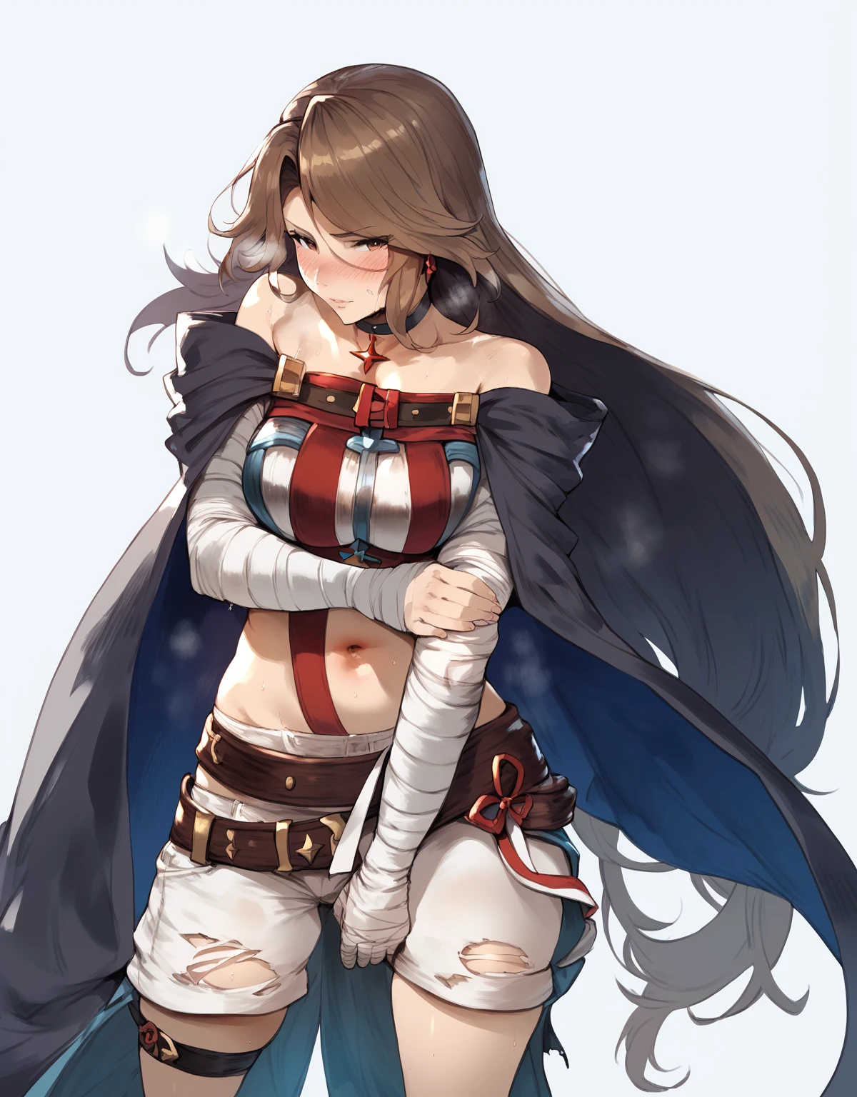 score_9, score_8_up, score_7_up, score_6_up, uncensored, katalina \(granblue fantasy\), long hair, parted bangs, brown hair, brown eyes, sweating, BREAK (masterpiece:1.2), best quality, high resolution, (detailed eyes:1.3), perfect lighting, (perfect hands, perfect anatomy), looking at viewer, 1girl, bandages, solo, bandaged_arm, choker, breasts, black_choker, collarbone, torn_clothes, navel, torn_shorts, looking_at_viewer, embarrassed, blush face, 