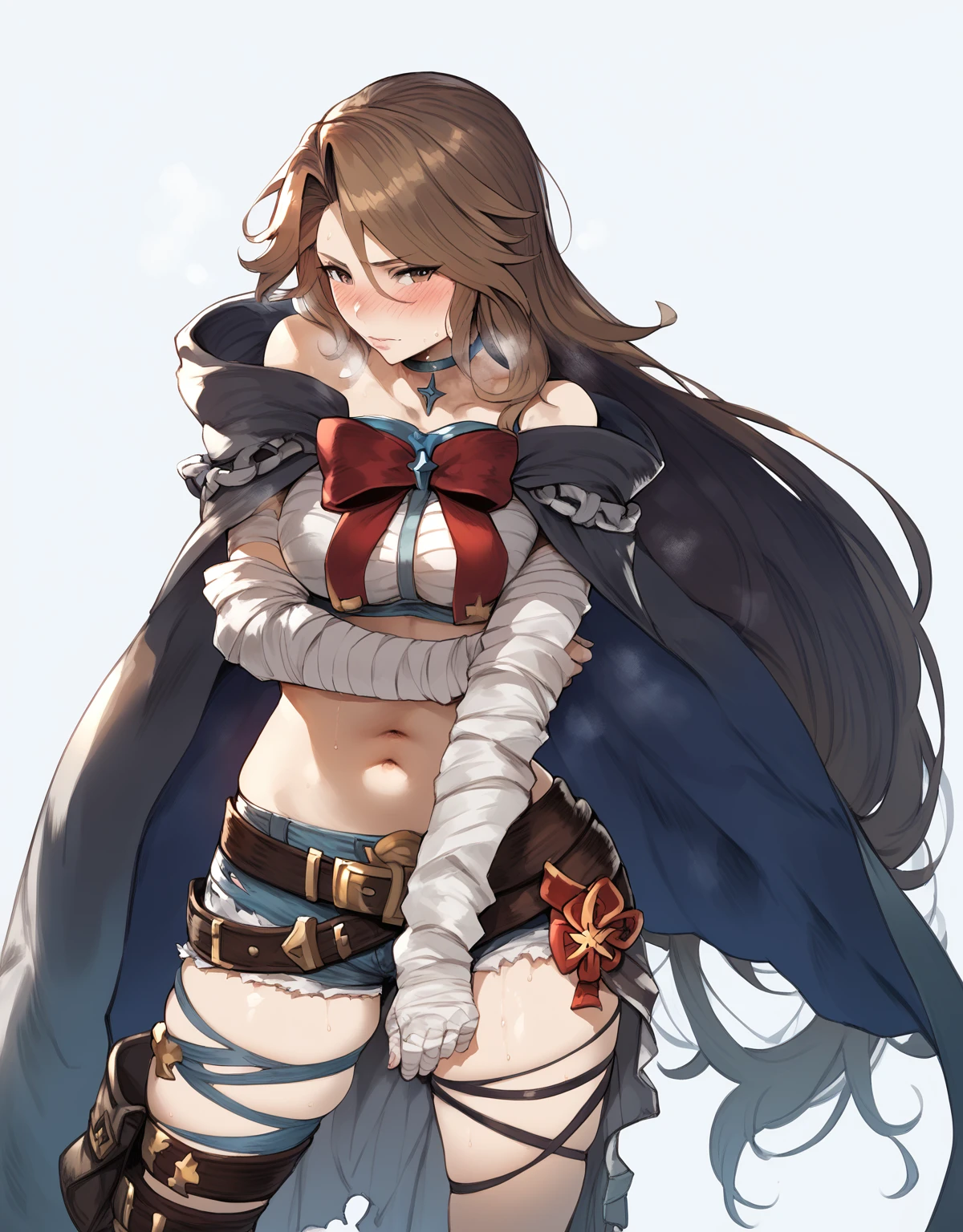 score_9, score_8_up, score_7_up, score_6_up, uncensored, katalina \(granblue fantasy\), long hair, parted bangs, brown hair, brown eyes, sweating, BREAK (masterpiece:1.2), best quality, high resolution, (detailed eyes:1.3), perfect lighting, (perfect hands, perfect anatomy), looking at viewer, 1girl, bandages, solo, bandaged_arm, choker, breasts, black_choker, collarbone, torn_clothes, navel, torn_shorts, looking_at_viewer, embarrassed, blush face, 