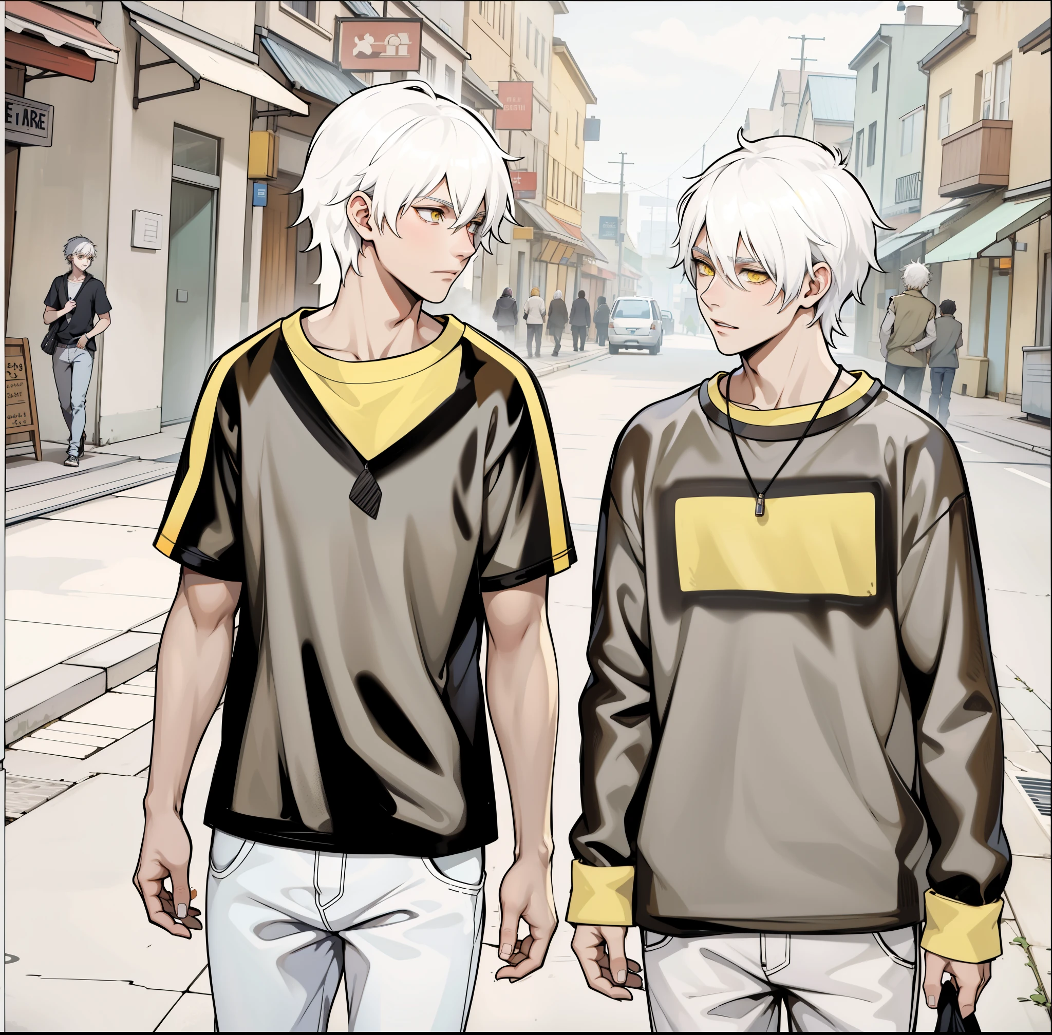 There are two boys with white hair, 18 years old, they have yellow eyes, they are talking and walking through the streets of a town.