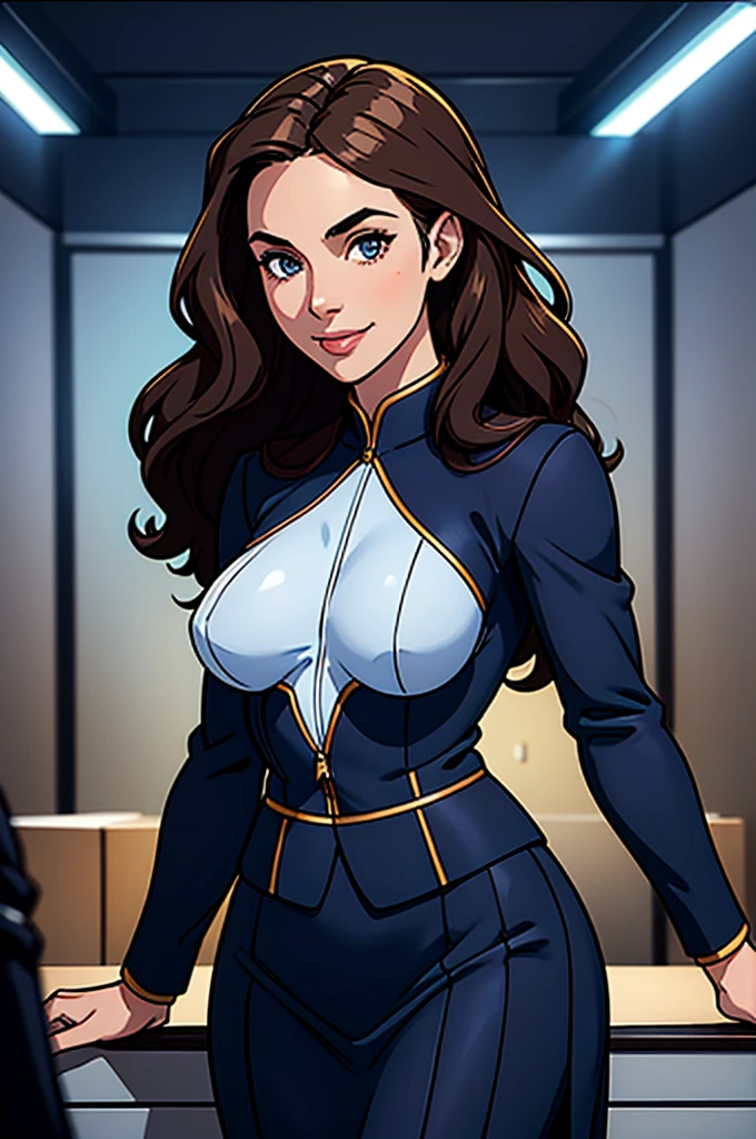 (wavy brunette perfect body Supermodel), wearing (navy blue business suit with skirt), pose with a slight smile, feminine fit detailed body and face and skin pores, highly detailed expressive, space above head, depth of field, skin details, office lights, ultra realistic, cinematic