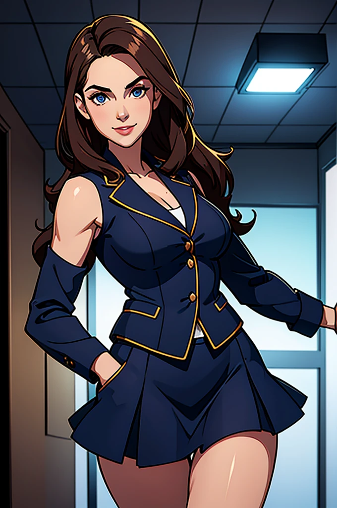 (wavy brunette perfect body Supermodel), wearing (navy blue business suit with skirt), pose with a slight smile, feminine fit detailed body and face and skin pores, highly detailed expressive, space above head, depth of field, skin details, office lights, ultra realistic, cinematic