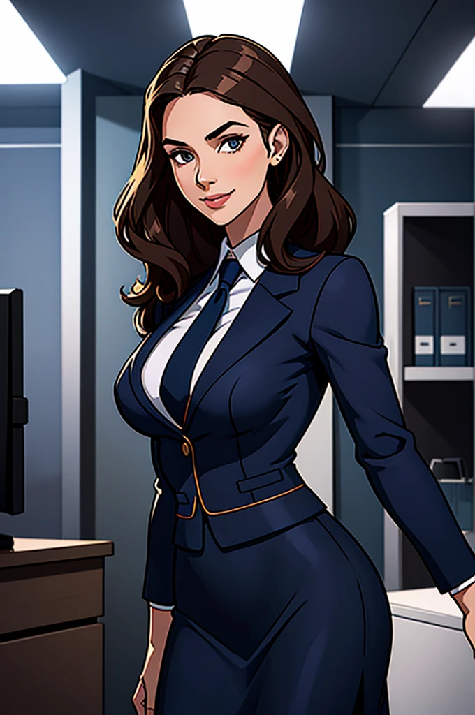 (wavy brunette perfect body Supermodel), wearing (navy blue business suit with skirt), pose with a slight smile, feminine fit detailed body and face and skin pores, highly detailed expressive, space above head, depth of field, skin details, office lights, ultra realistic, cinematic