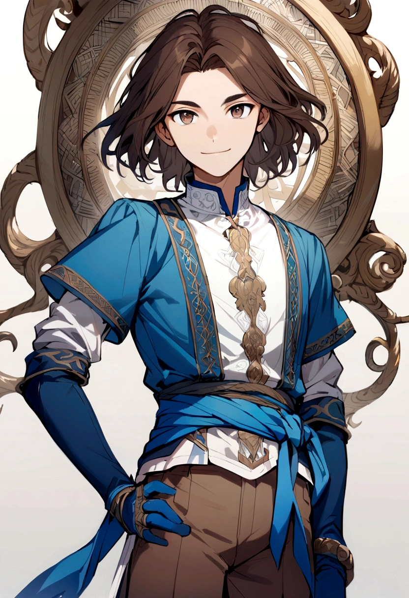 boy, Medium length hair, dark brown hair, eyes browns, Simple smile, white shirt, blue blouse tied at the waist, Brown pants, blue gloves.