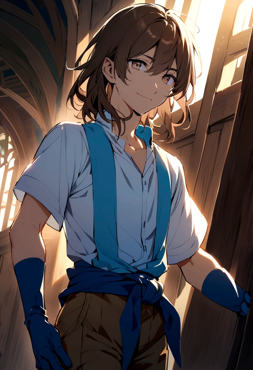 boy, Medium length hair, dark brown hair, eyes browns, Simple smile, white shirt, blue blouse tied at the waist, Brown pants, blue gloves.